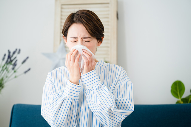 ティッシュで鼻をかむ女性